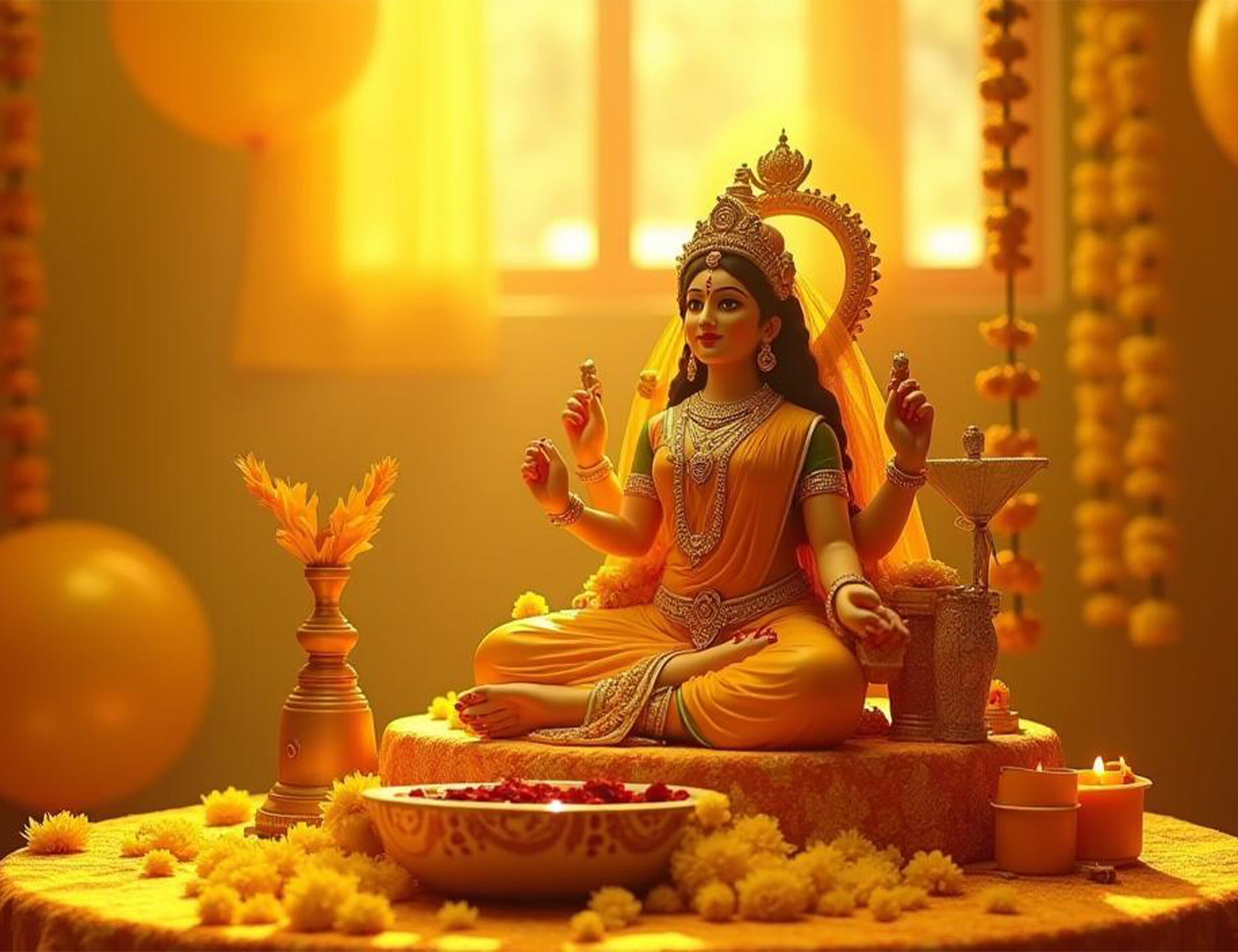 Goddess saravsti sculpture with flowers,diyas for basant panchami